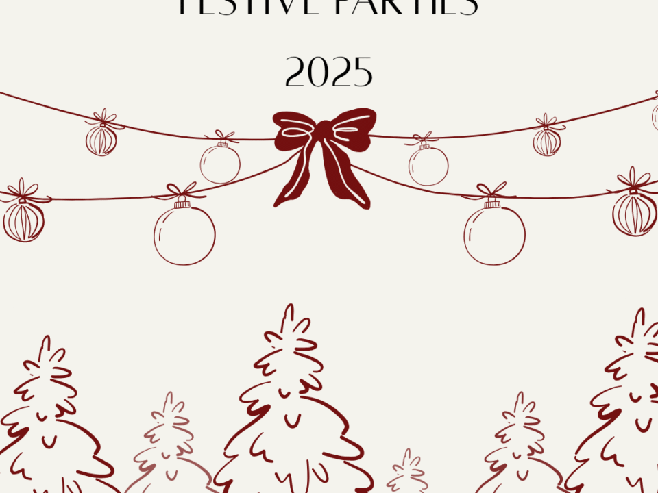 Festive decorations around the wording "Festive Parties at Llanthony Secunda Priory"