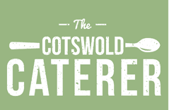 The words "The cotswold caterer" on a green background with a spoon behind the word Cotswold